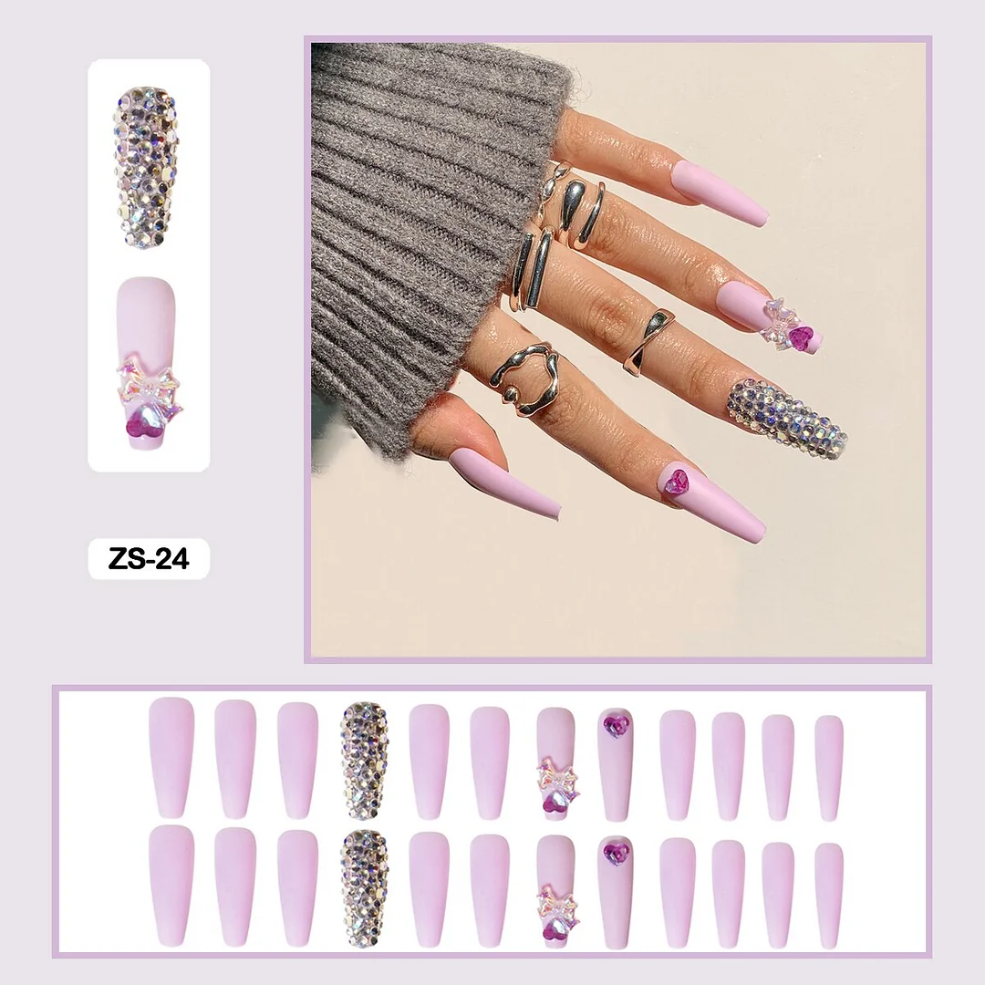 24pcs/box  Long Trapezoid Fake Nails  WIth Jewels Decorated Wearabel False Nails With Glue And Wearing Tools-Nail Inspo