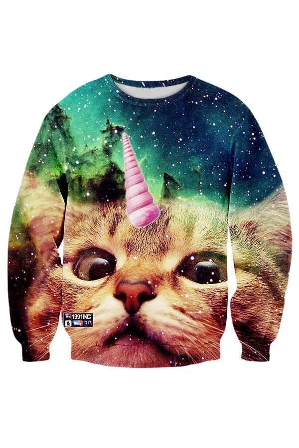 Cute Galaxy Cat Print Crew Neck Hoodie-elleschic