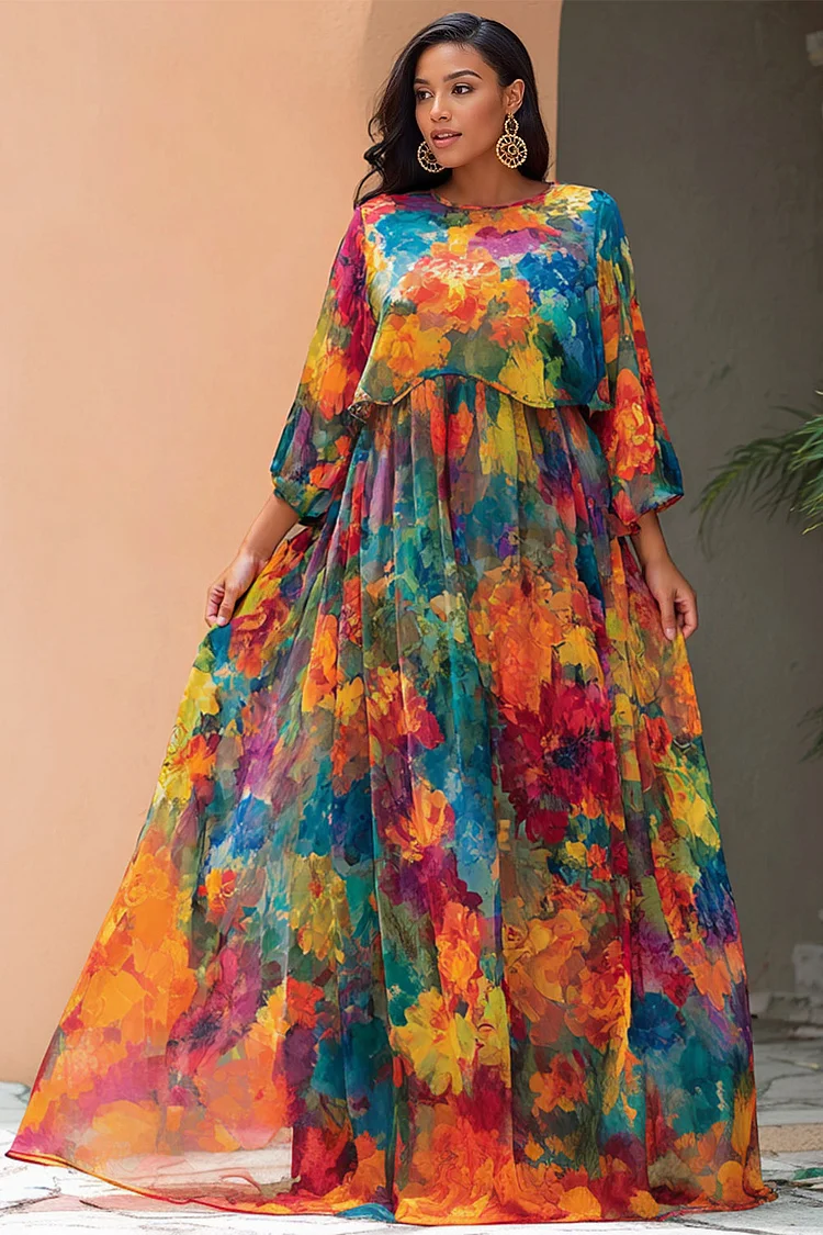 Xpluswear Design Plus Size Vacation Multicolor Floral Round Neck Flare Half Sleeve Tiered Chiffon Maxi Dresses 2024 - Xpluswear