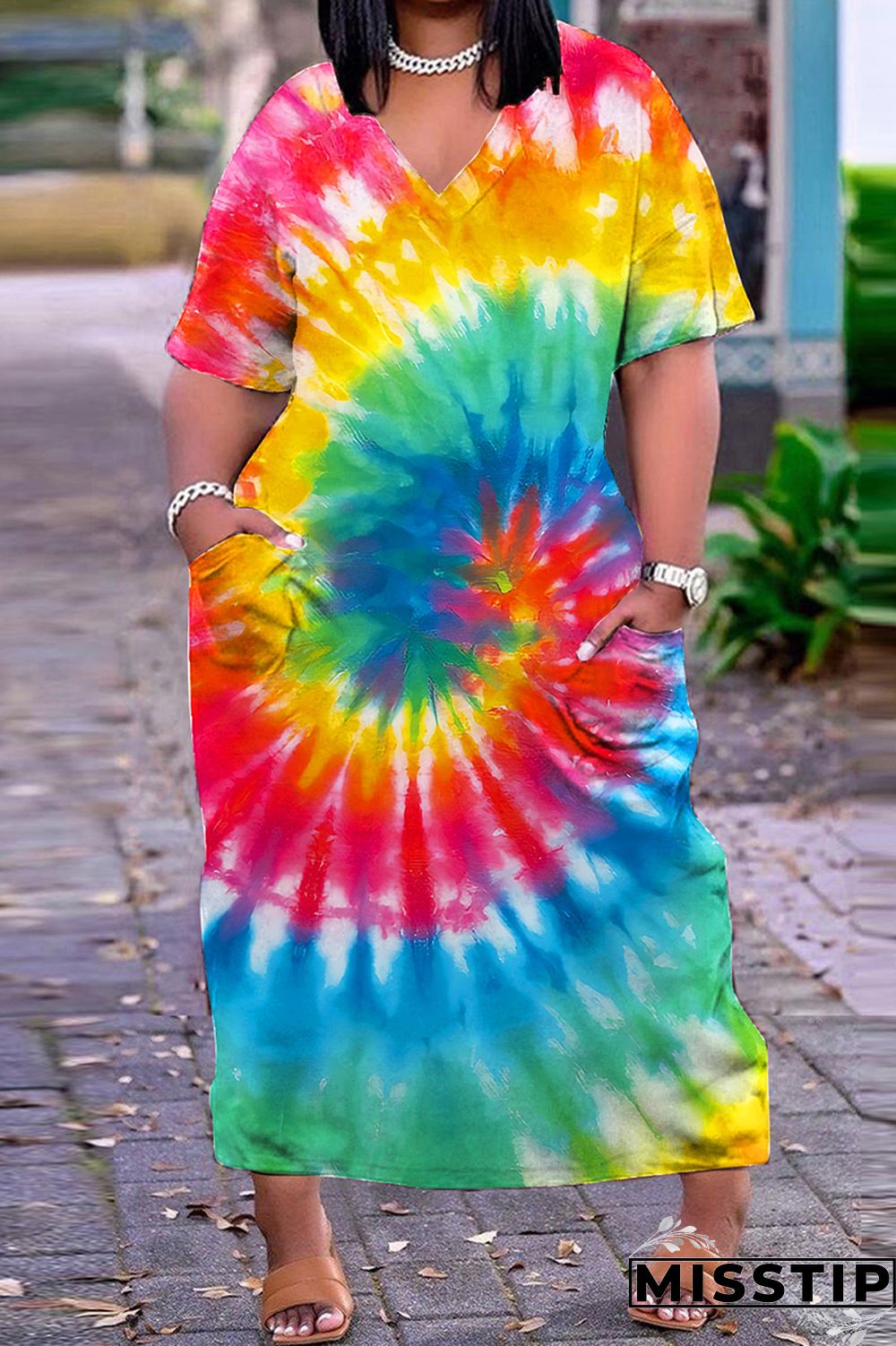 Dark Blue Casual Print Patchwork V Neck Short Sleeve Dress