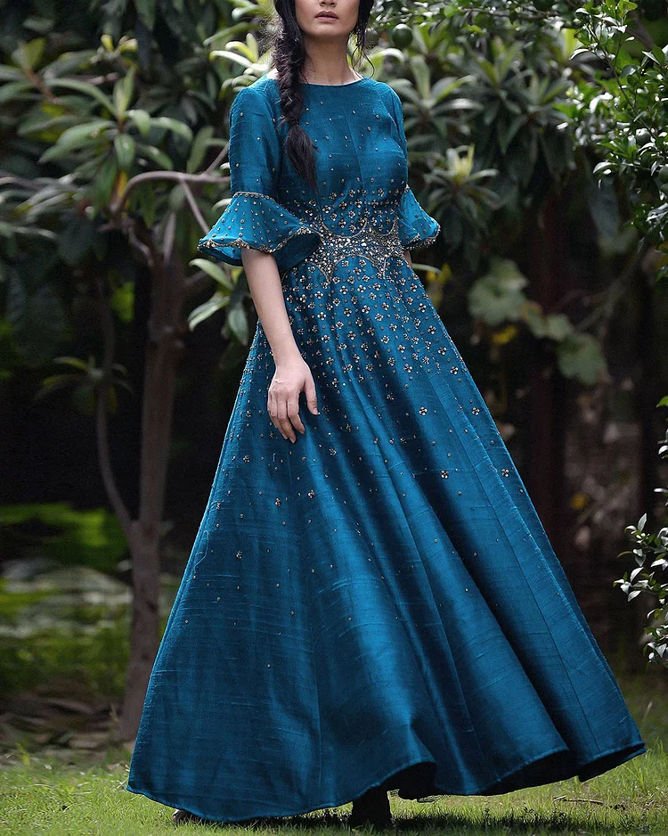 Blue Raw Silk Embroidered Anarkali Gown