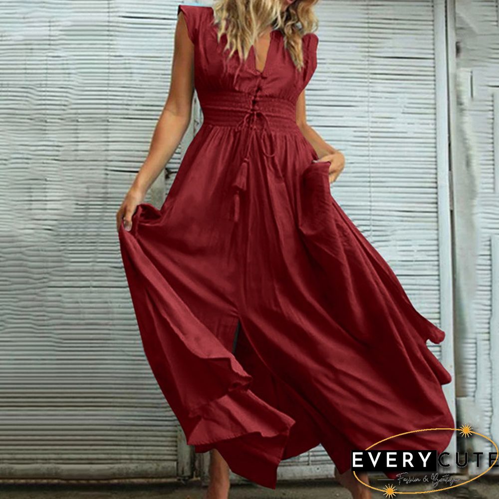 Oversized Retro Women Kaftan Solid Long Shirt Dress Sexy Party V Neck Bohemian Slit Hem Maxi Sundress