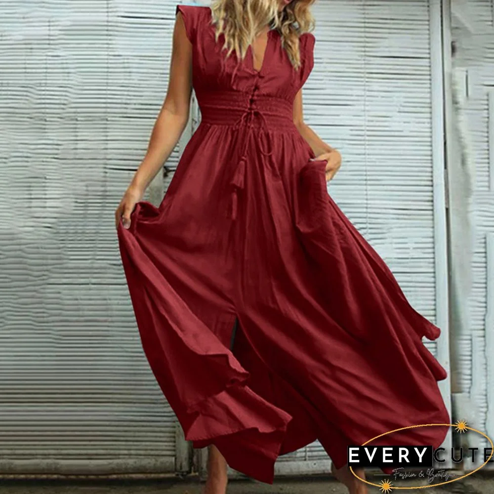 Oversized Retro Women Kaftan Solid Long Shirt Dress Sexy Party V Neck Bohemian Slit Hem Maxi Sundress