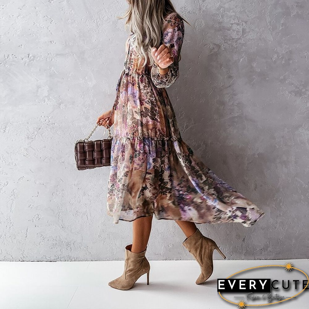 Floral Print V-Neck Long Shirt Dress A-Line Irregular Ruffle Length Sleeve Style Pattern