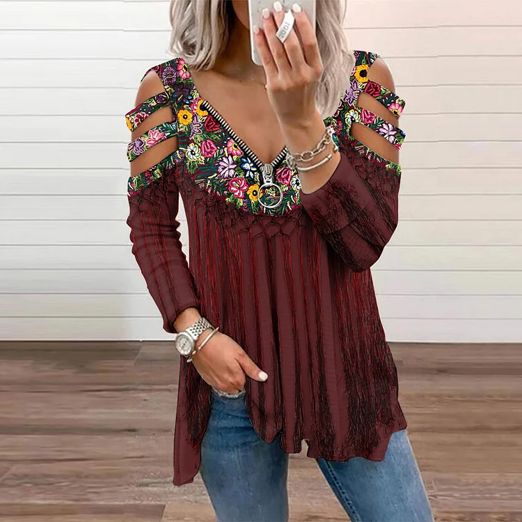 Comstylish Vintage  Ethnic Floral Pattern Women's Off-Shoulder T-Shirt