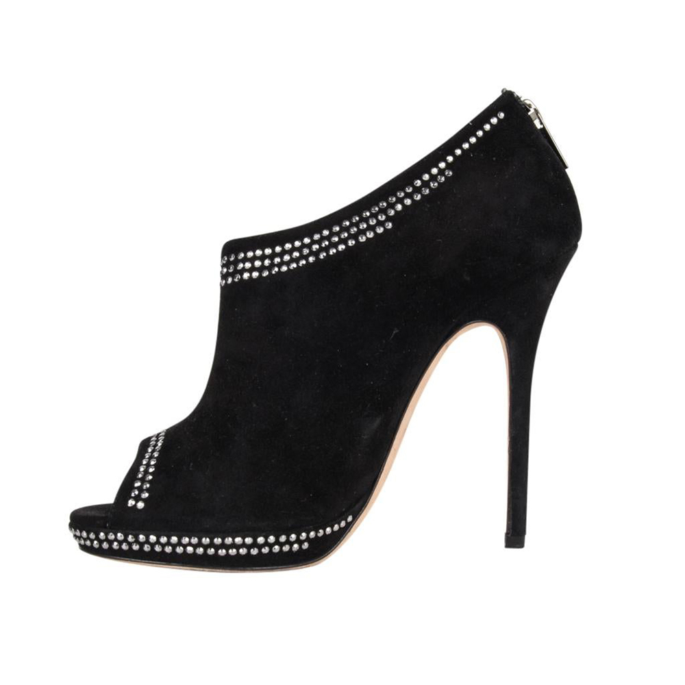 Black Faux Suede Peep Toe 4'' Stiletto Heel Rhinestone Platform Pumps Nicepairs