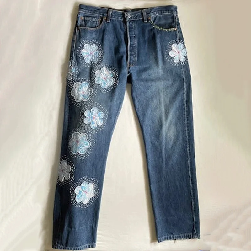 Vintage Japanese Sakura Applique Embroidery Art Design Jeans