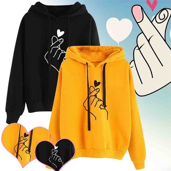 Womens Fashion Long Sleeve Solid Color Printed Heart Hooded Sweater Hoodies Casaul Finger Heart Hooded Pullover Hoodies Sweatshirts Plus Size S-5XL - Shop Trendy Women's Fashion | TeeYours
