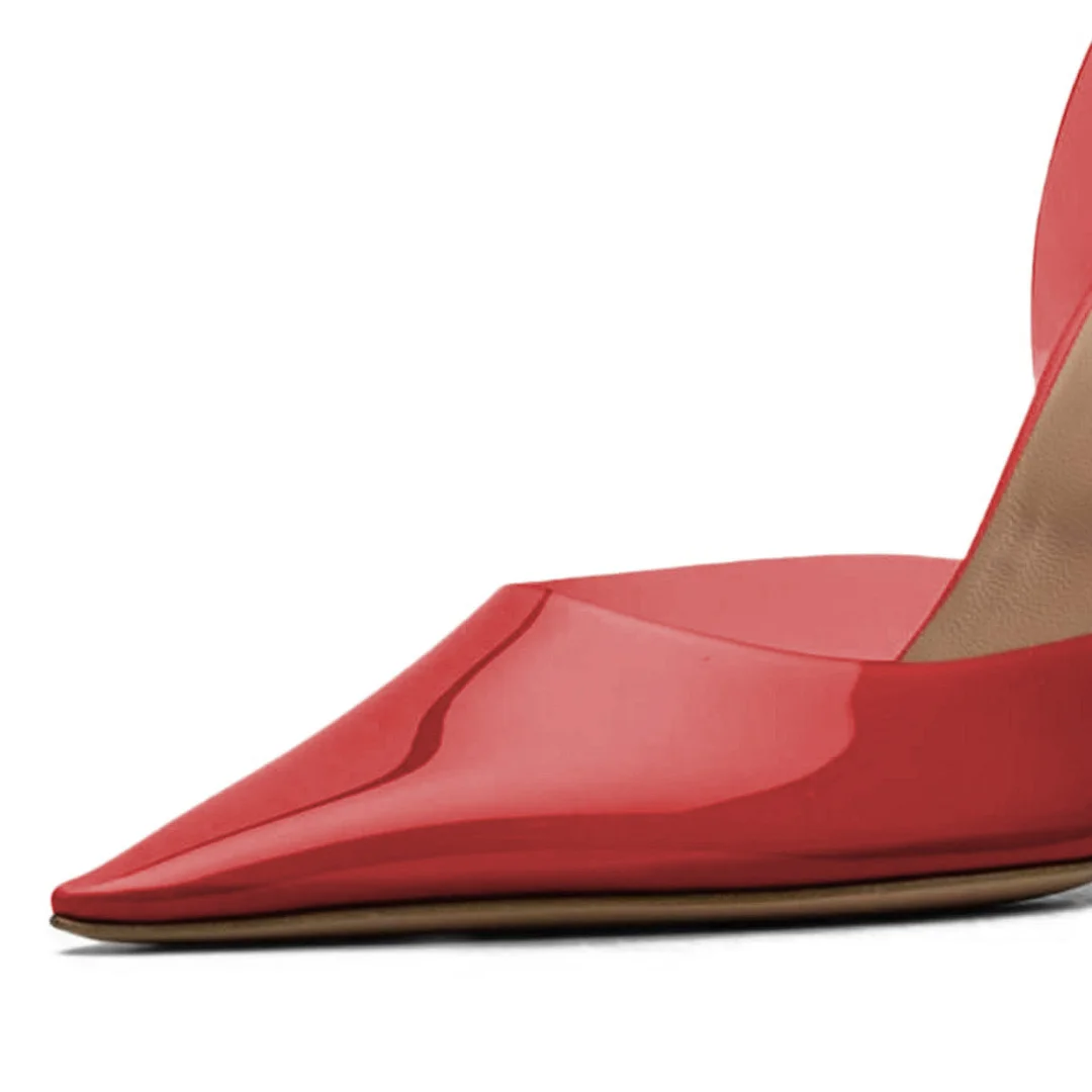 Red Transparent Pointed Toe Slingback Pumps with Flared Heel