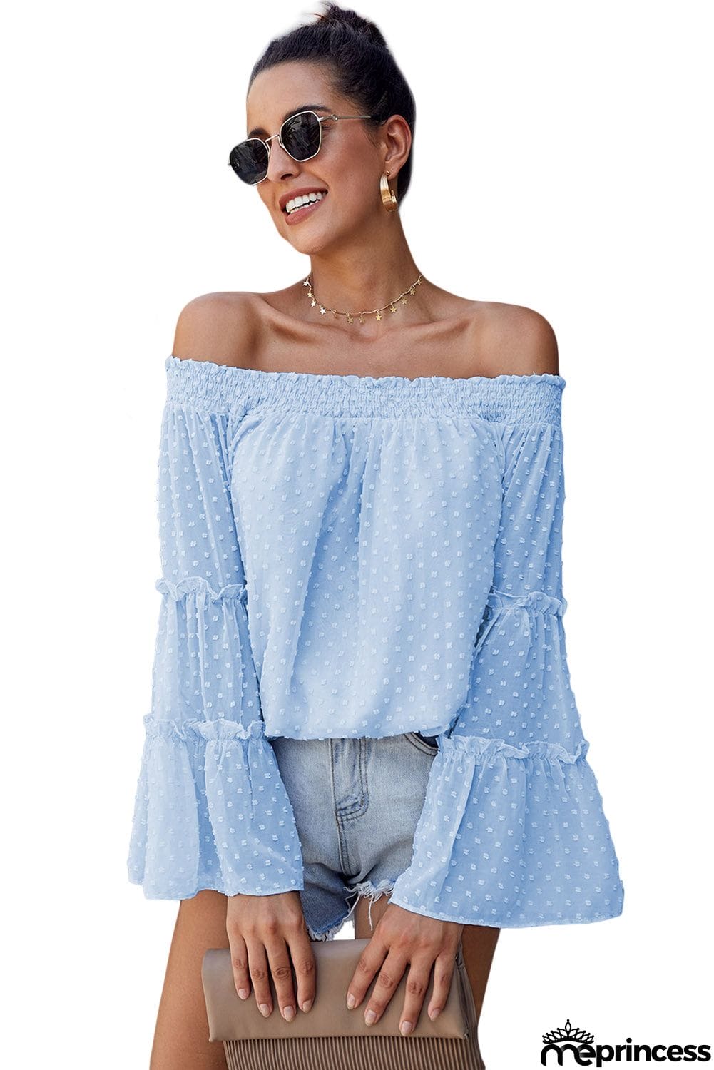 Sky Blue Swiss Dot Off The Shoulder Bell Sleeve Blouse