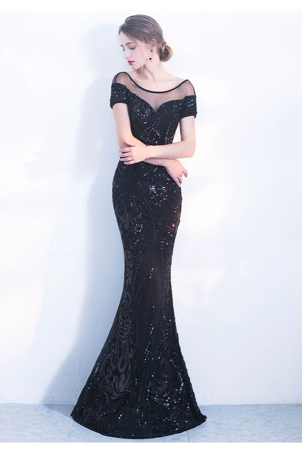 Short Sleeve Black Sequins Mermaid Evening Gowns Sheer Top