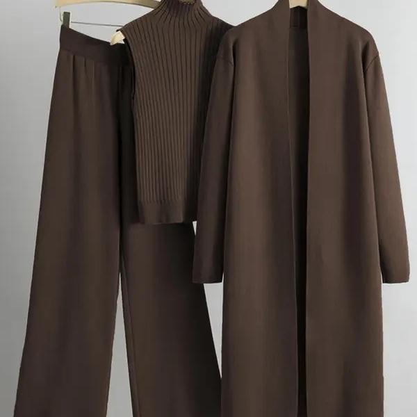 Trendy Knit Turtle Neck Tank & Wide Leg Trousers with Open-front Long Cardigan Three-piece Clothes Sets, Casual Womenswear