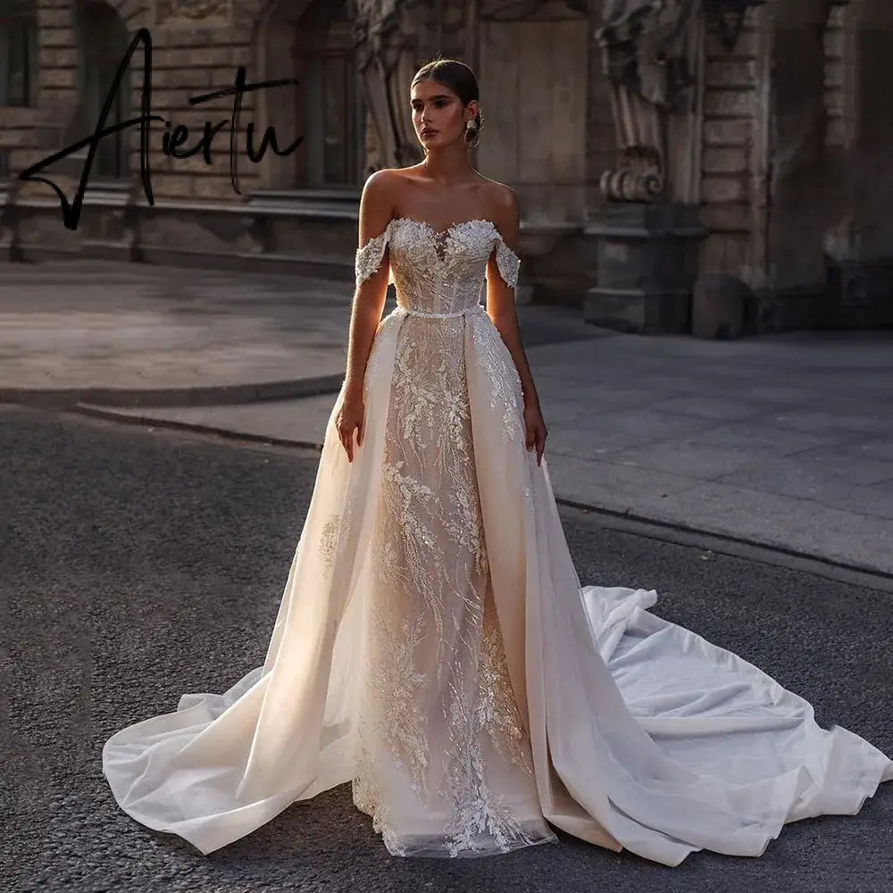 Aiertu  Luxury Wedding Gowns Sequin Lace Appliques Ivory Corset Bride Dress With Detachable Train Women 2024 Wedding Dresses Aiertu