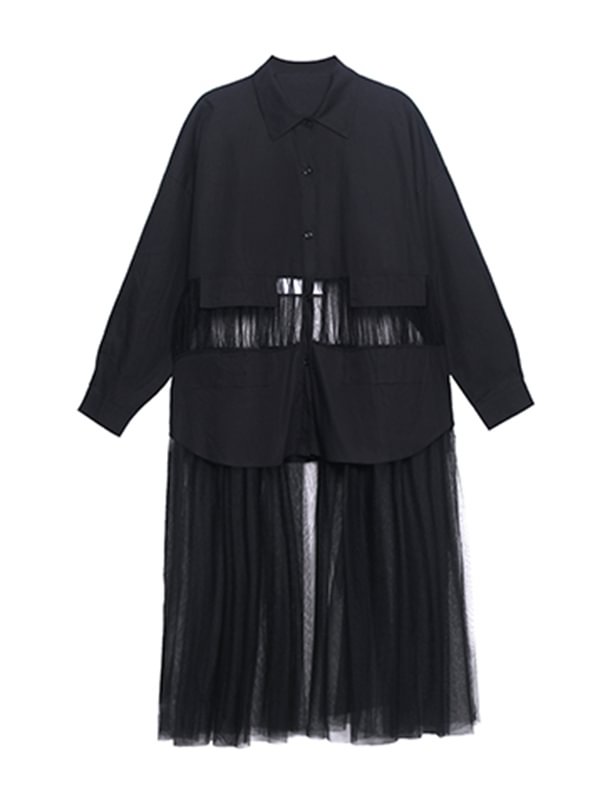 Urban Lapel See-Through Long Sleeve Blouse Top