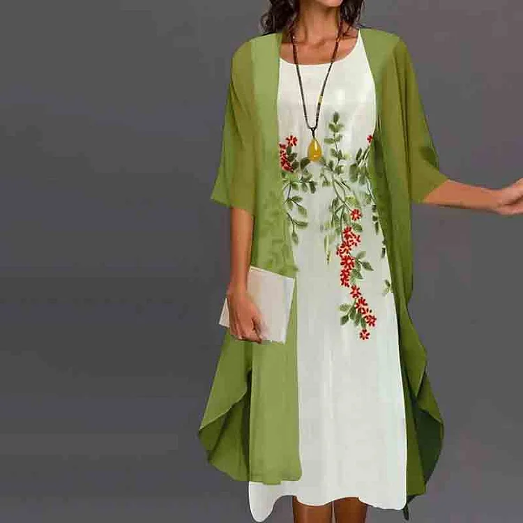Comstylish Design And Elegant Elegant Plant Flower Two Piece Midi Dress
