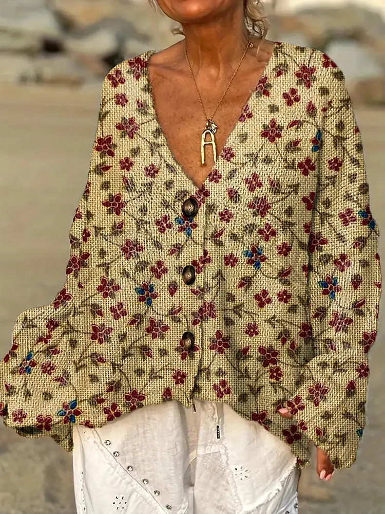 Women's Vintage Floral Art Print Casual Pullover Sweater