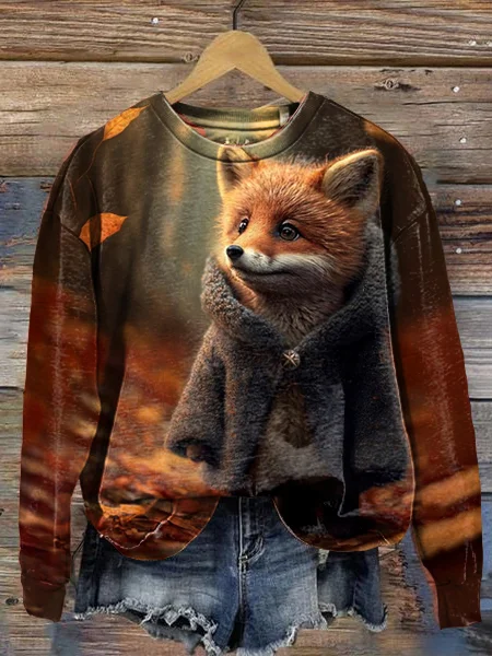 Women's Crew Neck Fox Art Print Hoodie Sweatshirt