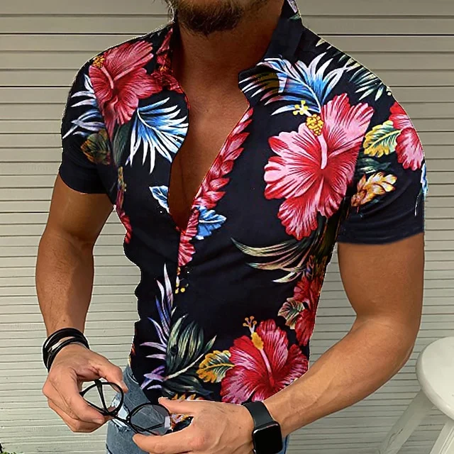 BrosWear Hawaiian Flower Print Short Sleeve Shirt