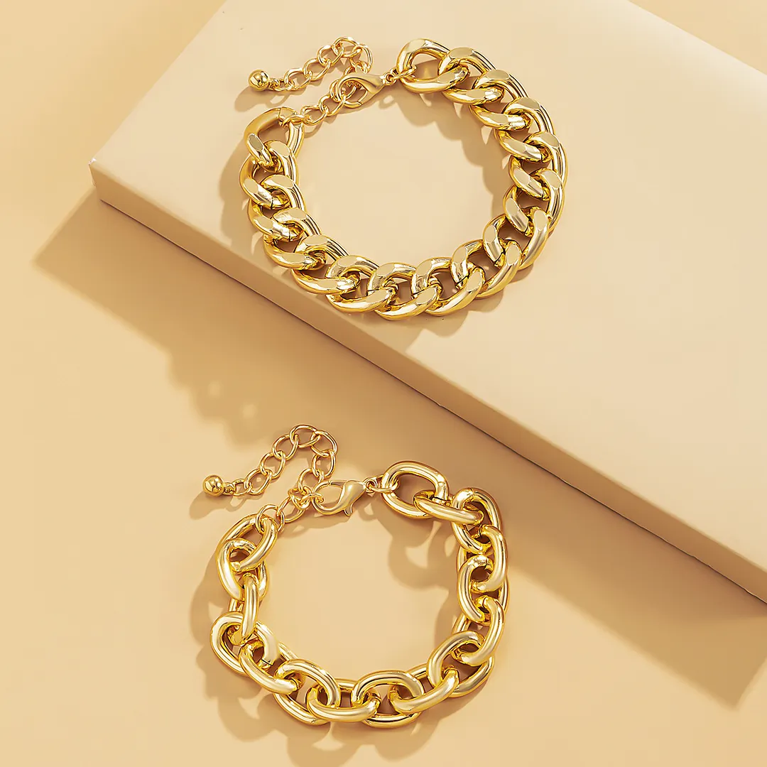 Hip Hop Trendy Metal Punk Geometric Double Layer Thick Chain Set Bracelet Anklet-vocosishoes