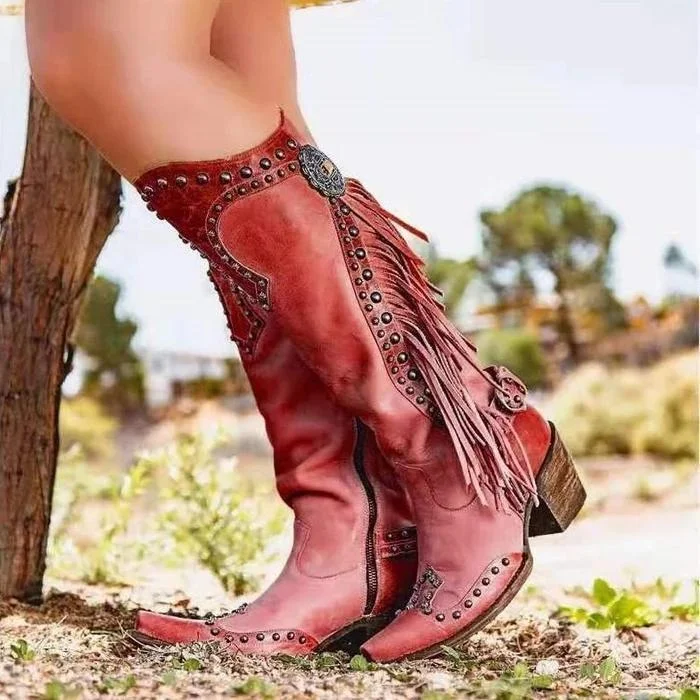 Women Vintage Tassel Western Boots with Zipper | IFYHOME