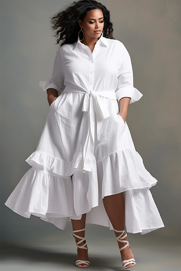 Xpluswear Design Daily White Elegant Shirt Collar Long Sleeve Ruffle Irregular Hem Linen Midi Dresses 