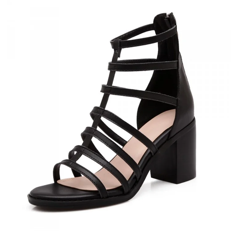 Women's Black Block Heel Gladiator Heels Sandals |FSJ Shoes