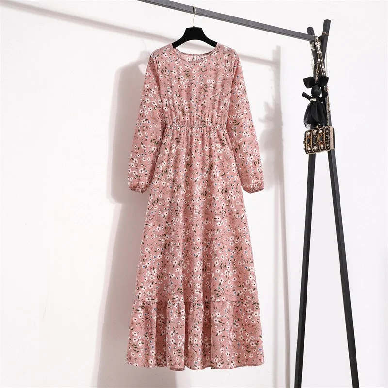 2023 Spring New Fragmented Round Neck Long Sleeve Waist Slim A-line Dress Elegant Women's Chiffon Printing Casual Dress Vestidos