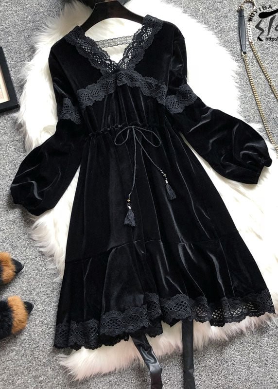 Loose Black V Neck Cinched Patchwork Velour Dress Winter CK2347- Fabulory