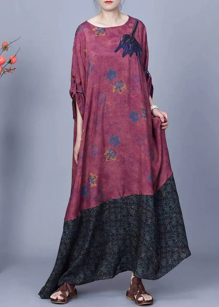 Vintage Purple Print Pockets Patchwork Silk Long Dresses Spring