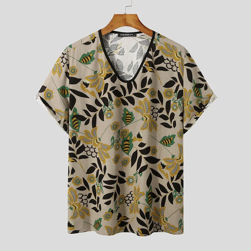 Aonga - Mens Cotton Ethnic Style Floral Print T-ShirtJ