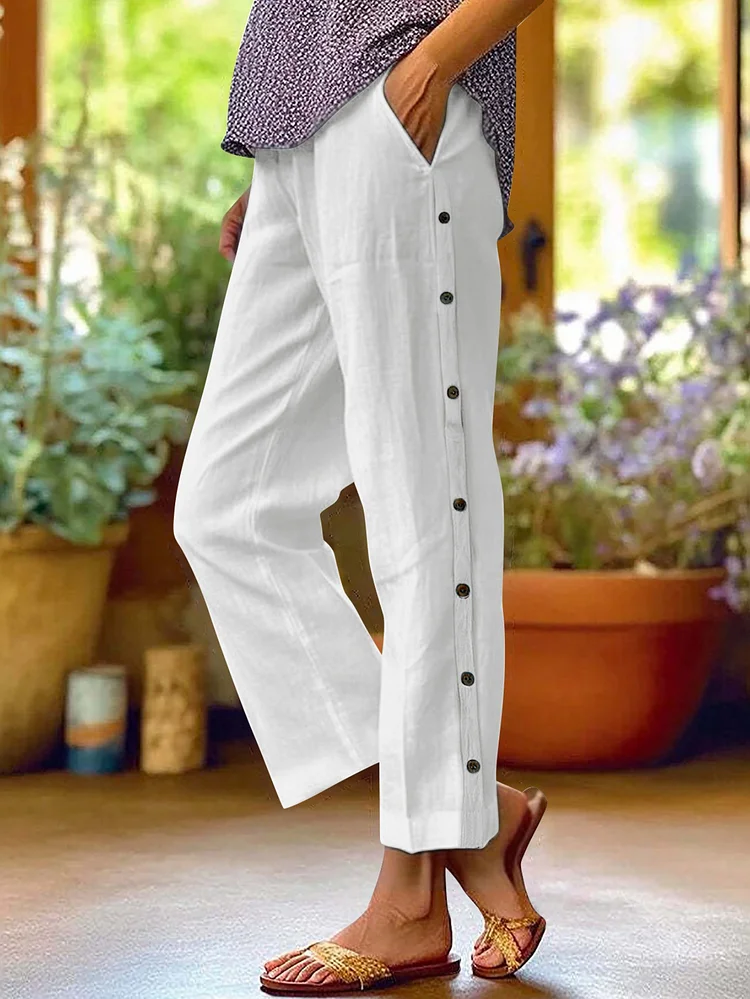 Women&Apos;S And Imitation Linen Trousers-Summer Personalized And Limitation Linen Breathable Nine-Point Trousers With Side Seam Decorative Buttons And Side Pockets High Waist Loose Casual Pant