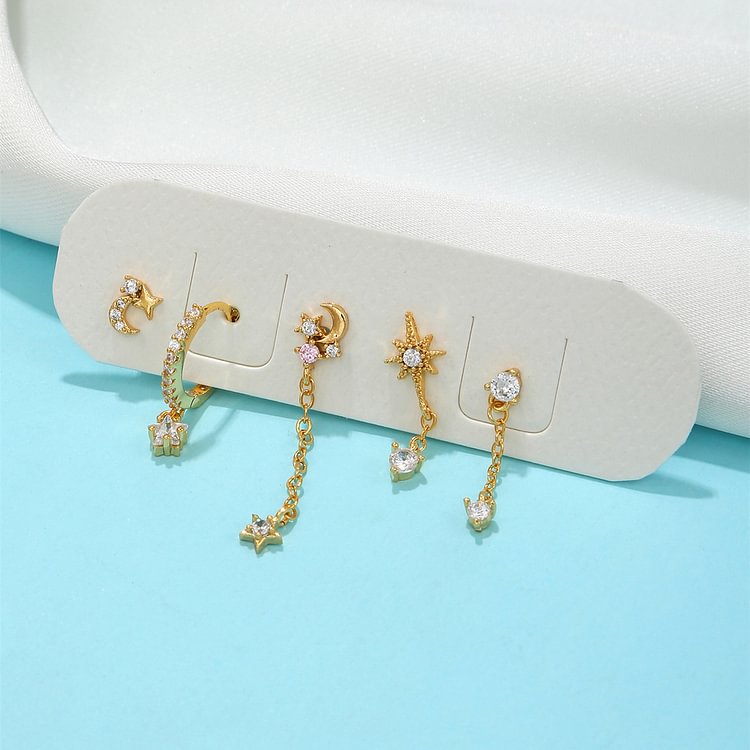 5 Pieces Star And Moon Element Earrings Set