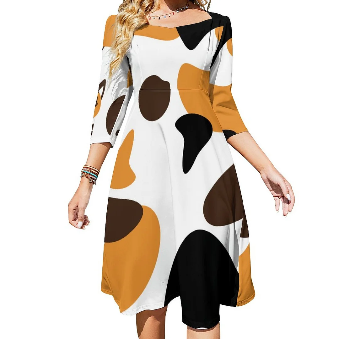 Cute Calico Cat Spotted Dress Sweetheart Tie Back Flared 3/4 Sleeve Midi Dresses