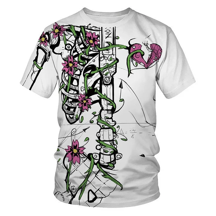 Skeleton Pattern Skull 3D Print Loose Casual Round Neck T-Shirt at Hiphopee