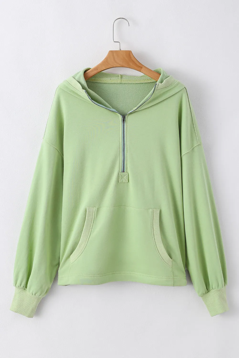 Smoke Green Solid Kangaroo Pocket Half Zipper Oversized Hoodie
