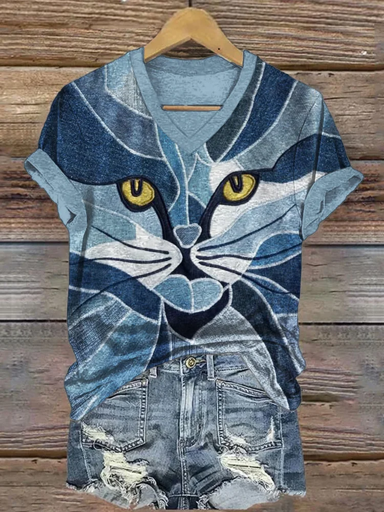 Cat Face Denim Patchwork V Neck T Shirt