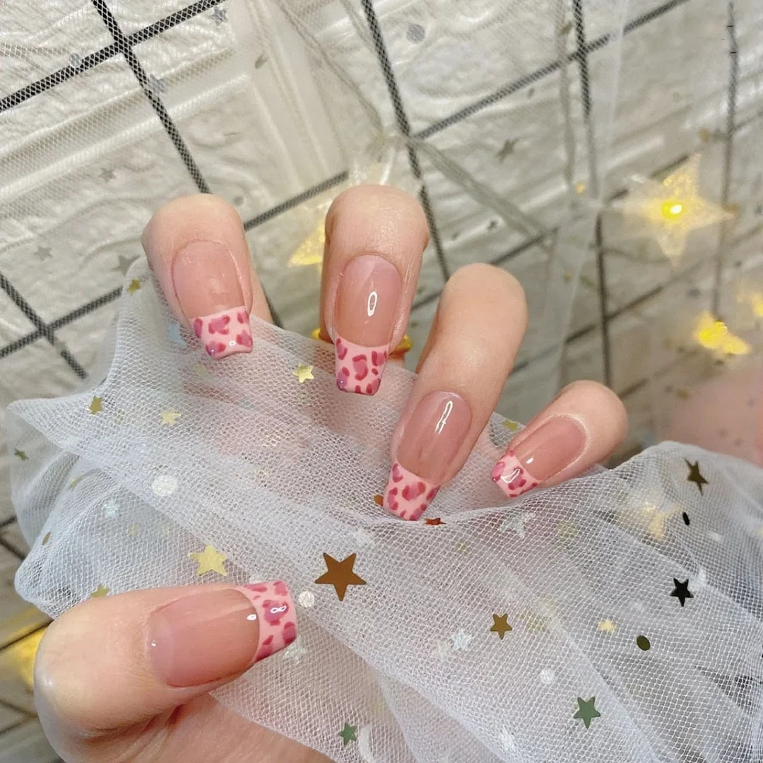 24pcs Pink Leopard Ballerina False Nails Wearable Detachable Artificial Fake Nails Full Cover Press On Nail Tips Women Fashion