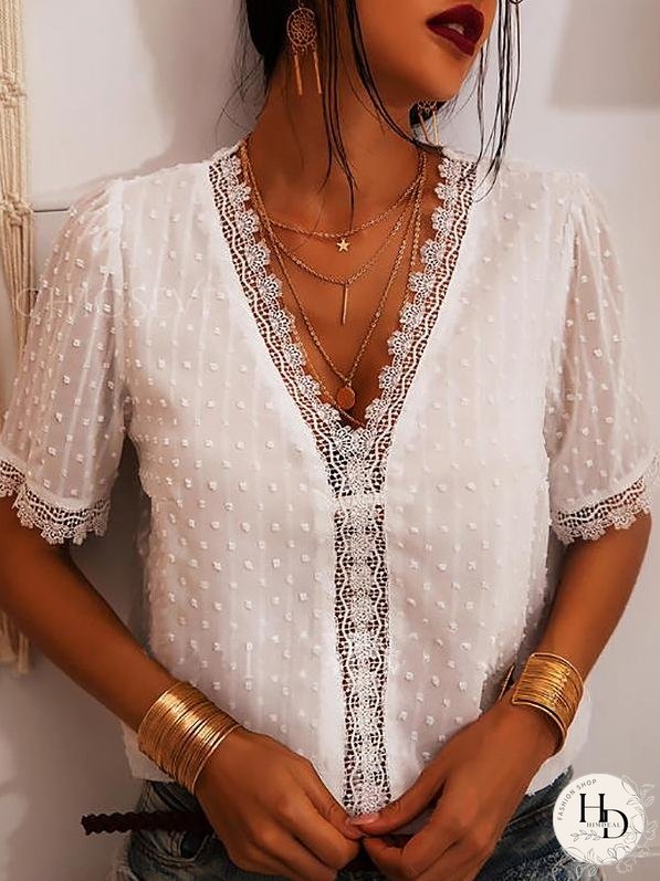 Deep V-neck Embroidered Lace Chiffon Blouse