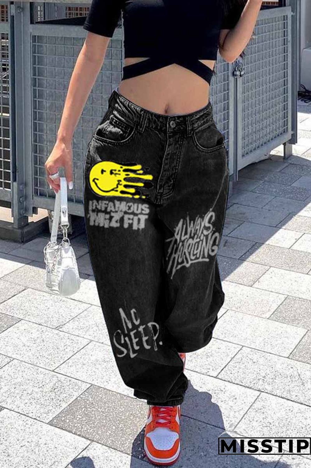 Black Fashion Casual Print Basic High Waist Regular Denim Jeans