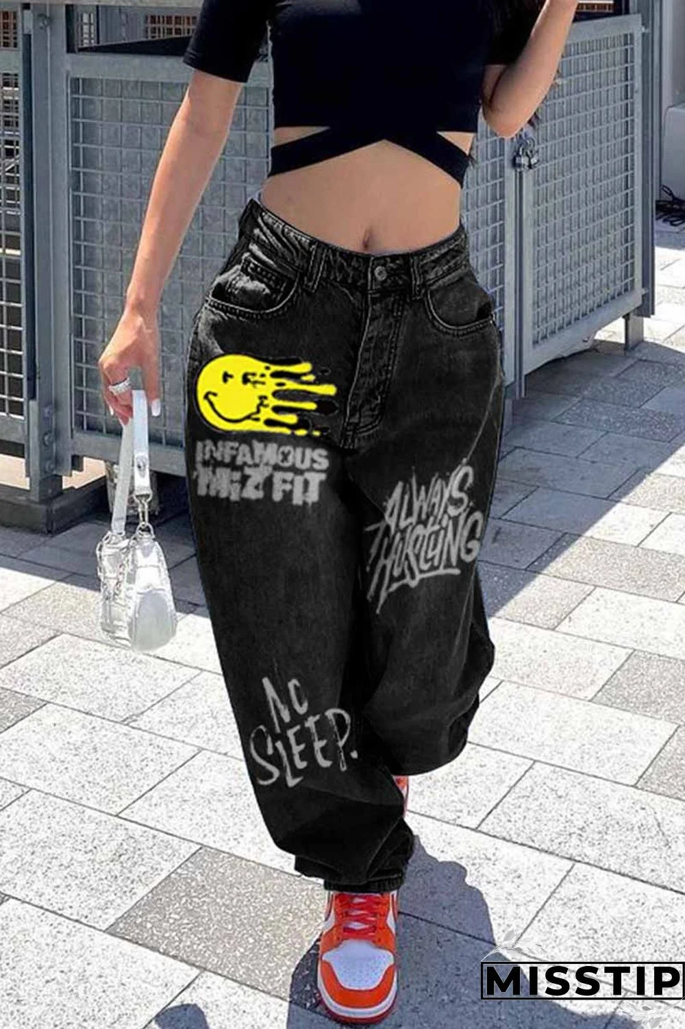 Black Fashion Casual Print Basic High Waist Regular Denim Jeans