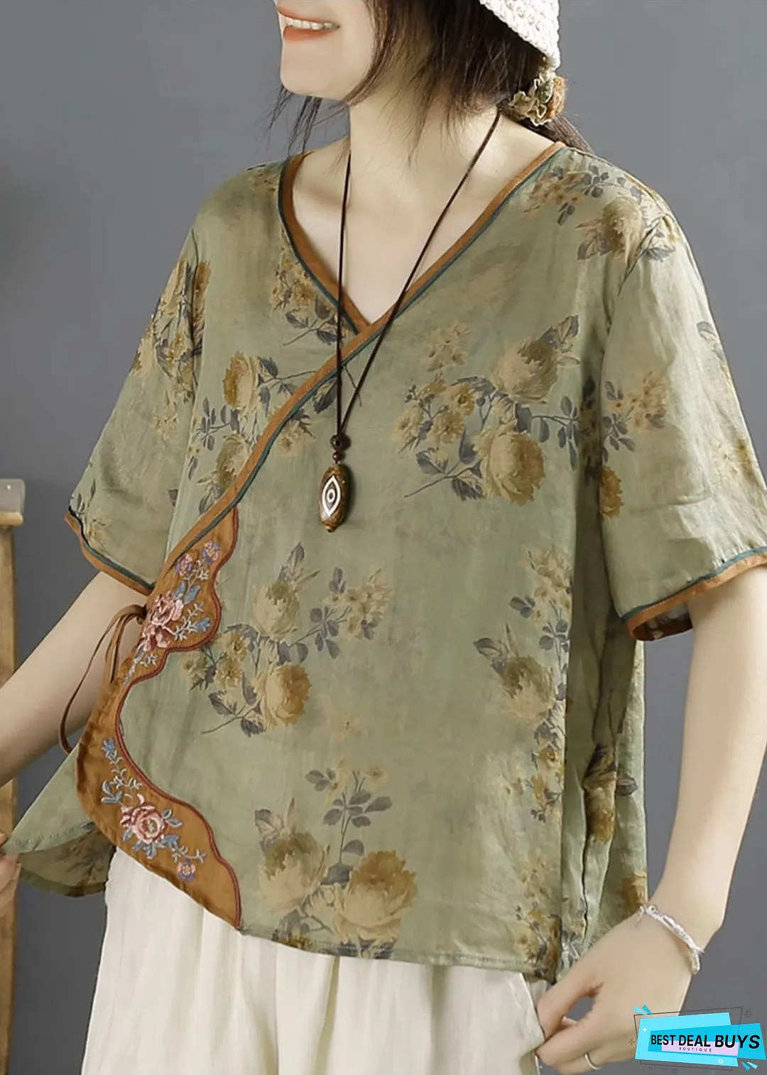 Vintage Green Embroideried Print Lace Up Linen Shirts Summer
