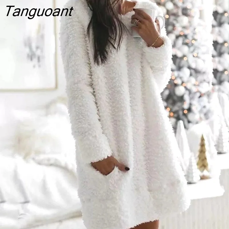 Tanguoant Plush Loose Women's Dress 2021 Autumn Fashion Long Sleeves Casual Round Neck Cotton-Blend White Mini Dresses For Women