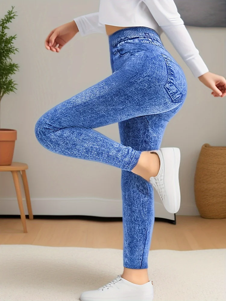 High Waist Push-Up Women's Leggings | Faux Denim Print, Blue Bleached Pattern, Elastic Waistband, Comfortable For Casual Wear, Workout Fitness Design