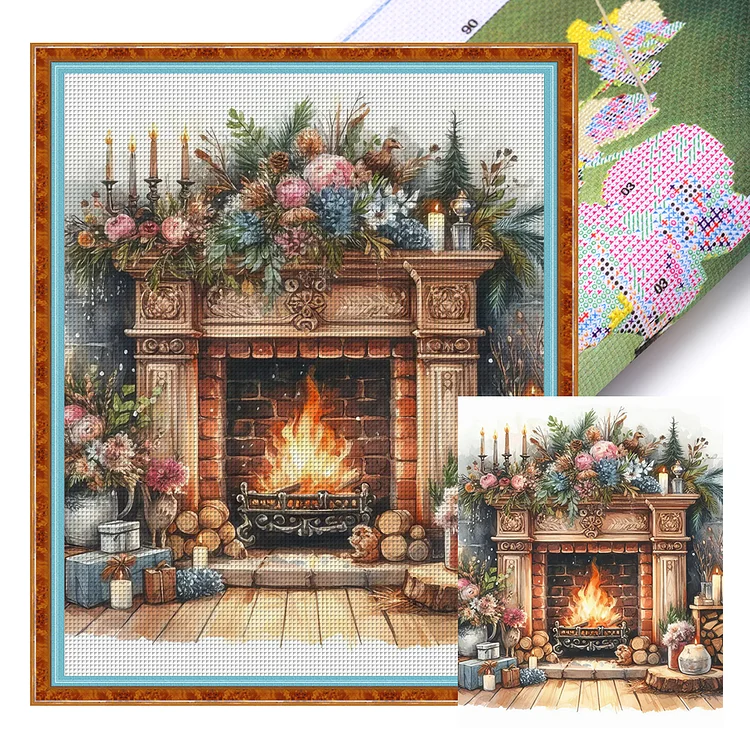 Fireplace And Flowers (40*50cm) 11CT Stamped Cross Stitch gbfke