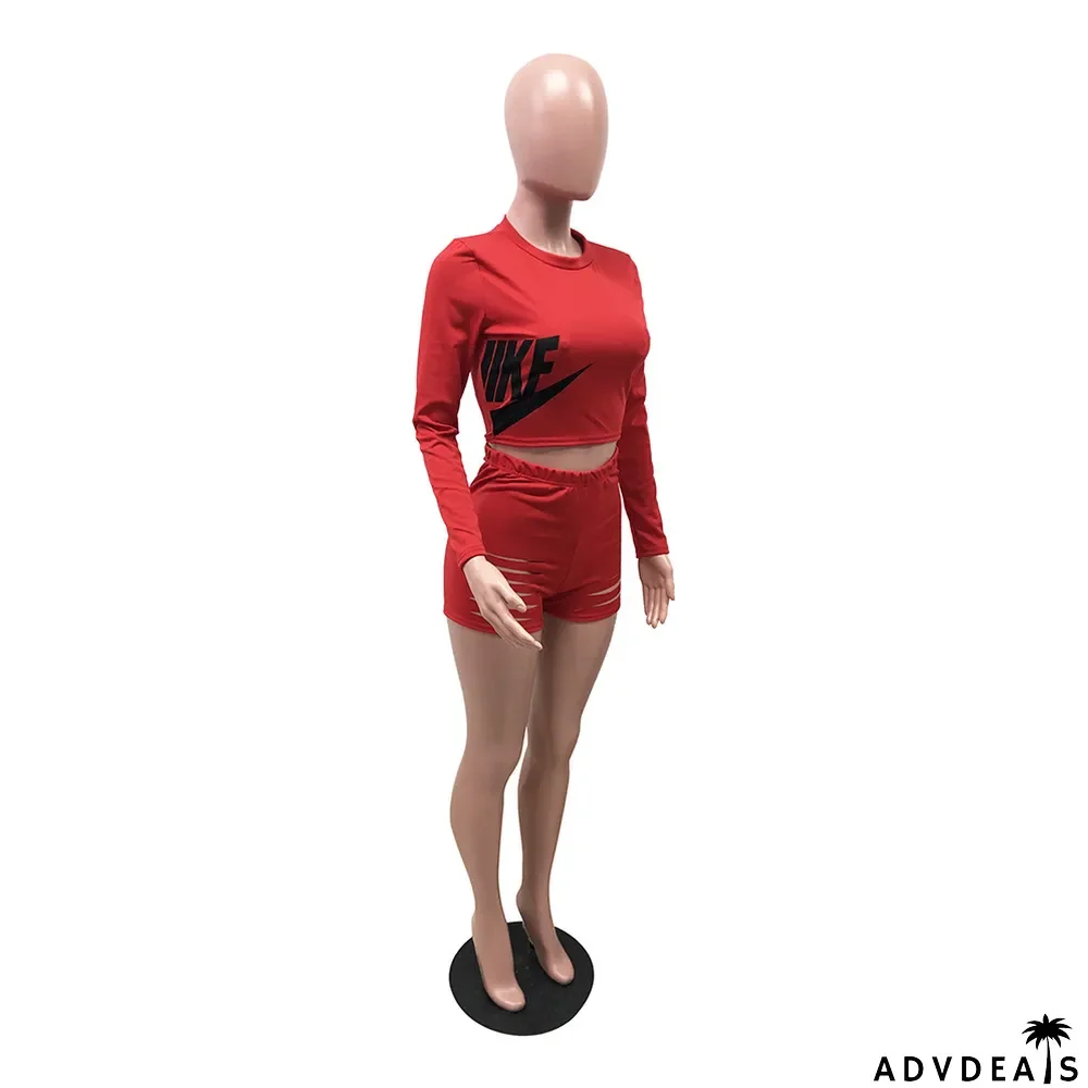 Irregular Print Long-sleeve Shorts Two-piece Set