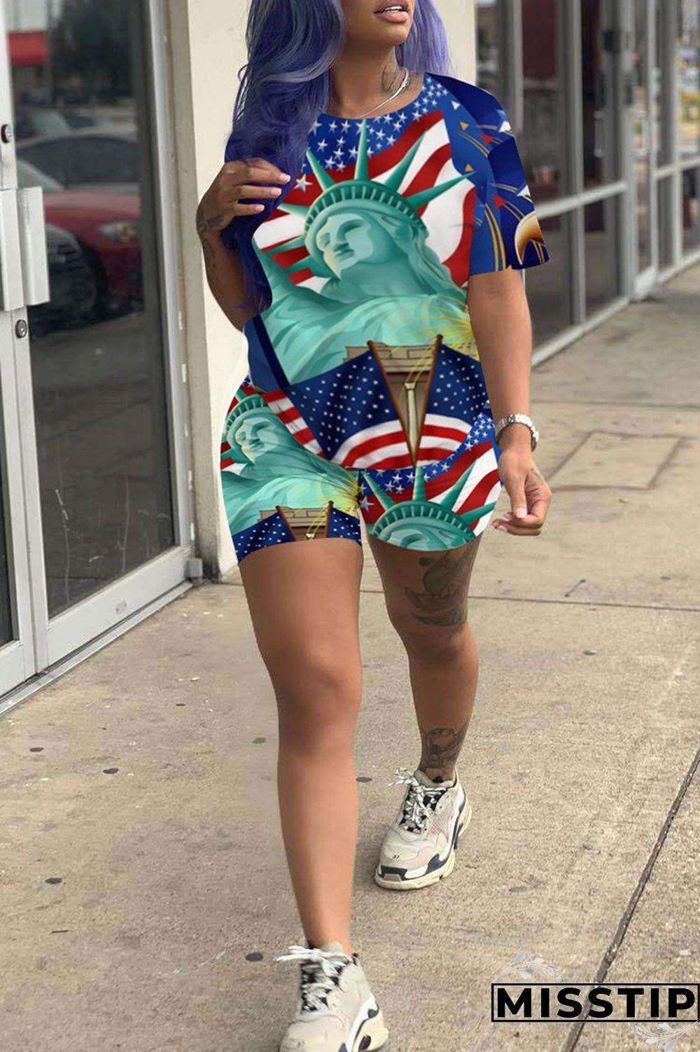 Red Fashion Casual Print Basic O Neck Short Sleeve Two Pieces