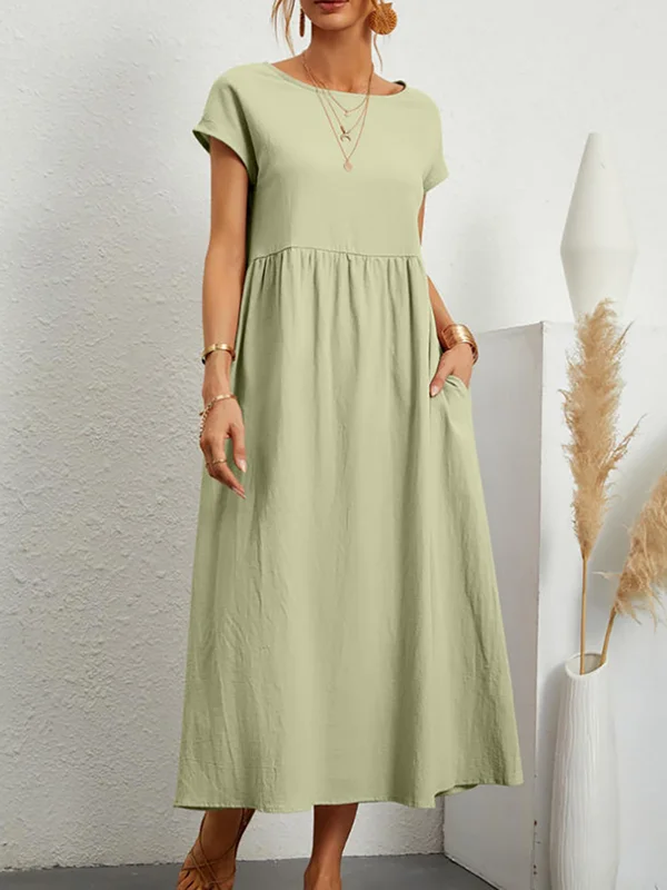 Loose Short Sleeves Pleated Solid Color Round-Neck Midi Dresses