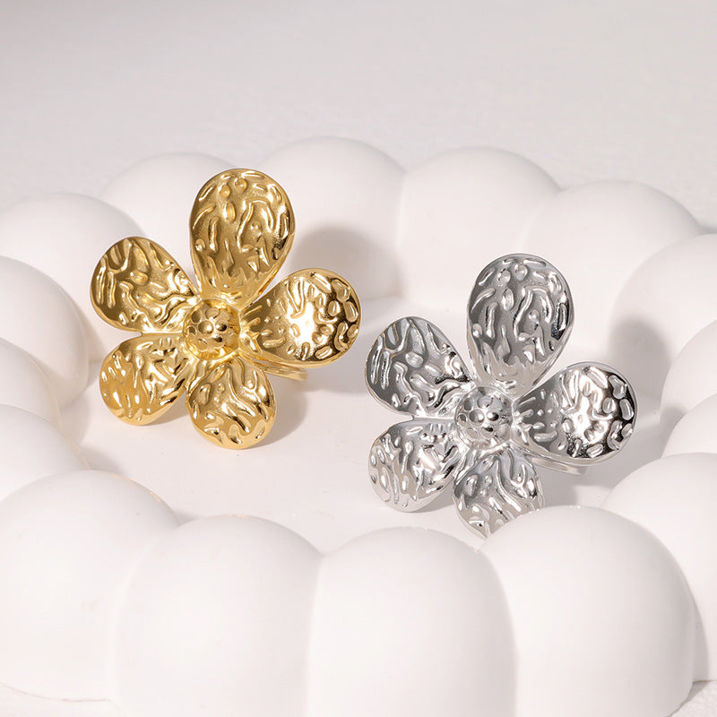 Simple And Fashionable All-Match Flower Ring With Exaggerated Personality And Ins Style Open Stainless Steel Ring
