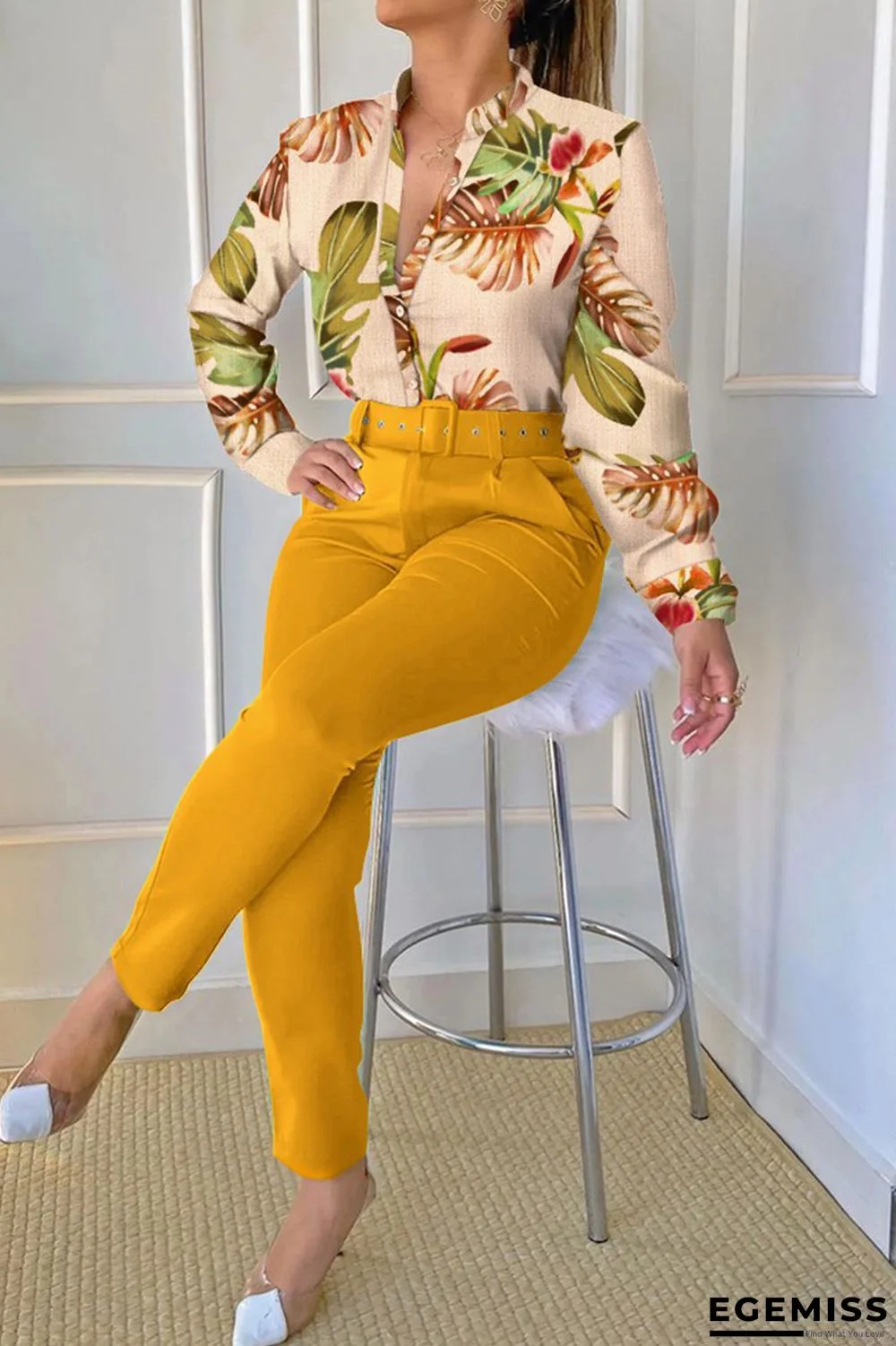 Yellow Casual Print Patchwork V Neck Long Sleeve Two Pieces | EGEMISS