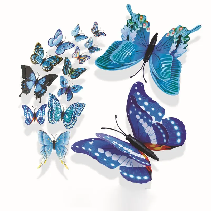 12pcs/lot Plain color 3D stickers Simulation butterfly double wings Modern home decor Background wall painting Magnetic+Glue